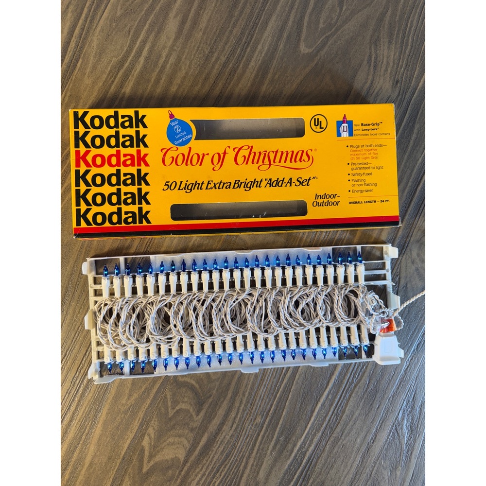 Vintage 1991 Kodak Christmas Lights 50ct Blue White Wire 24ft Add-A-Set Open Box